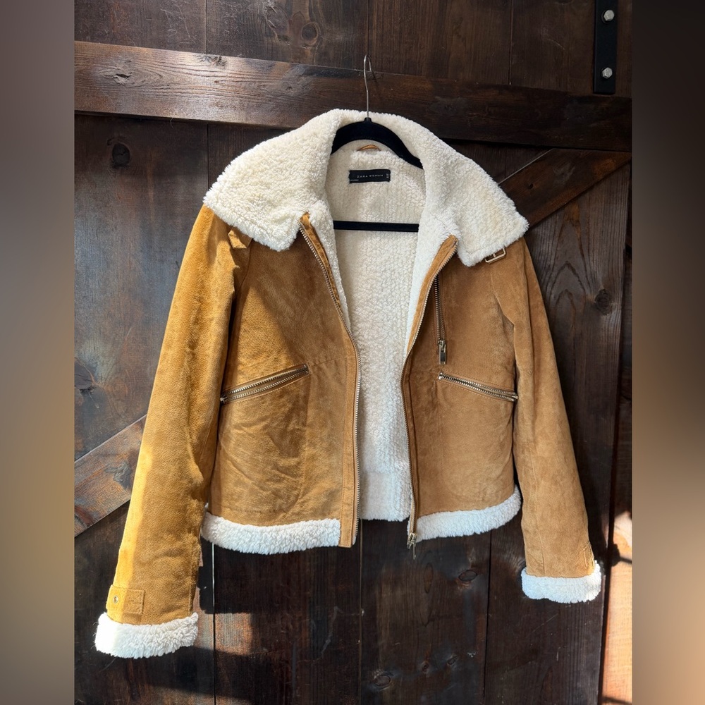 Zara Brown Leather Bomber Jacket